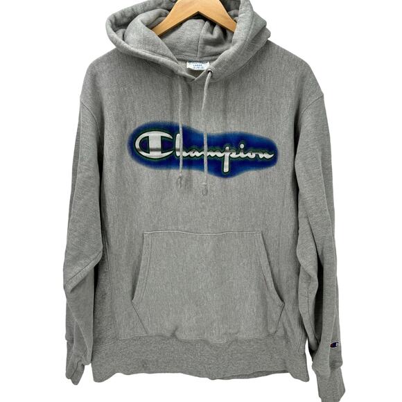 Champion Reverse Weave Hoodie Mens Large Gray Jacket Pullover Blue Green Logo - Picture 1 of 8